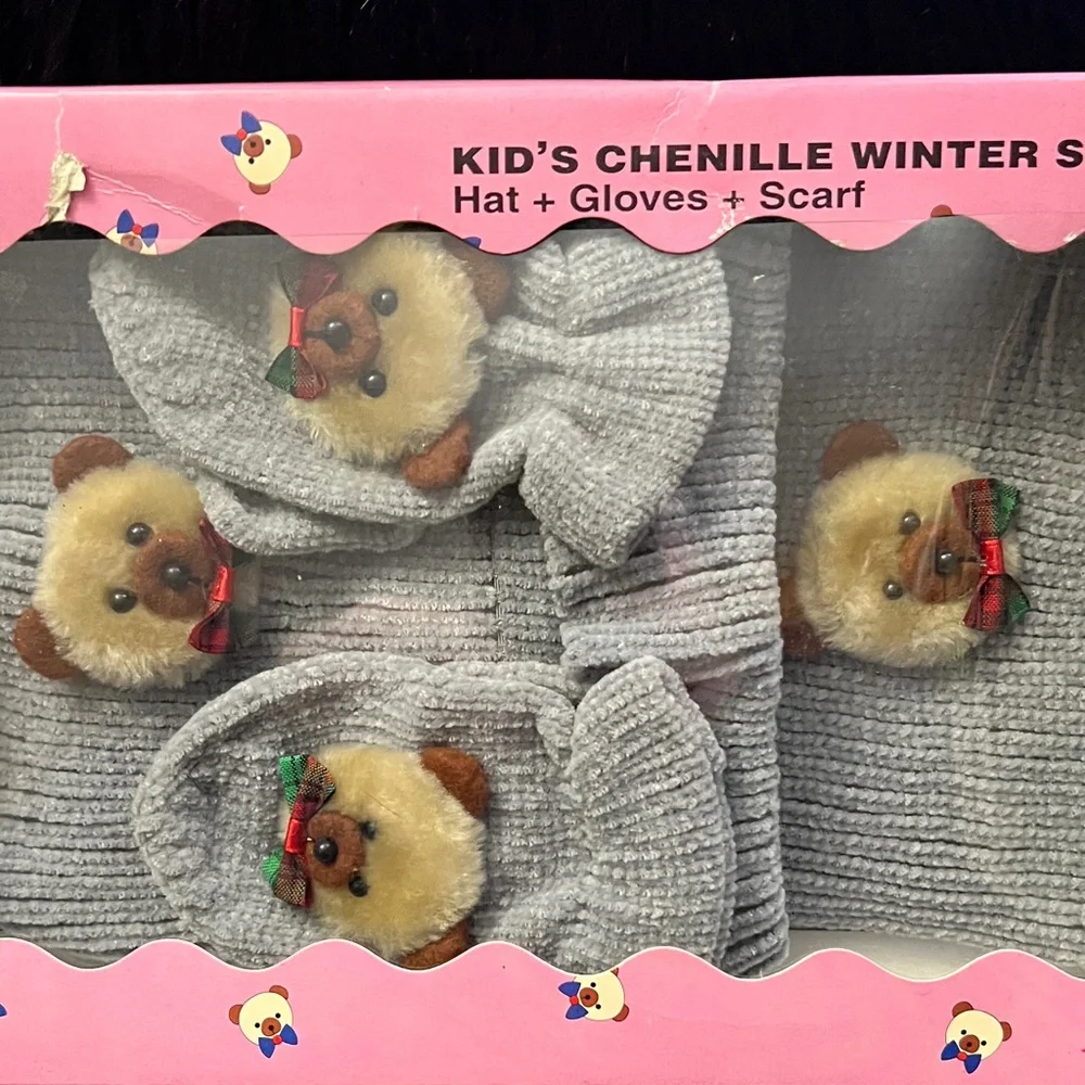 New! Cute Gray Bear-Themed Kids Winter Set boxed